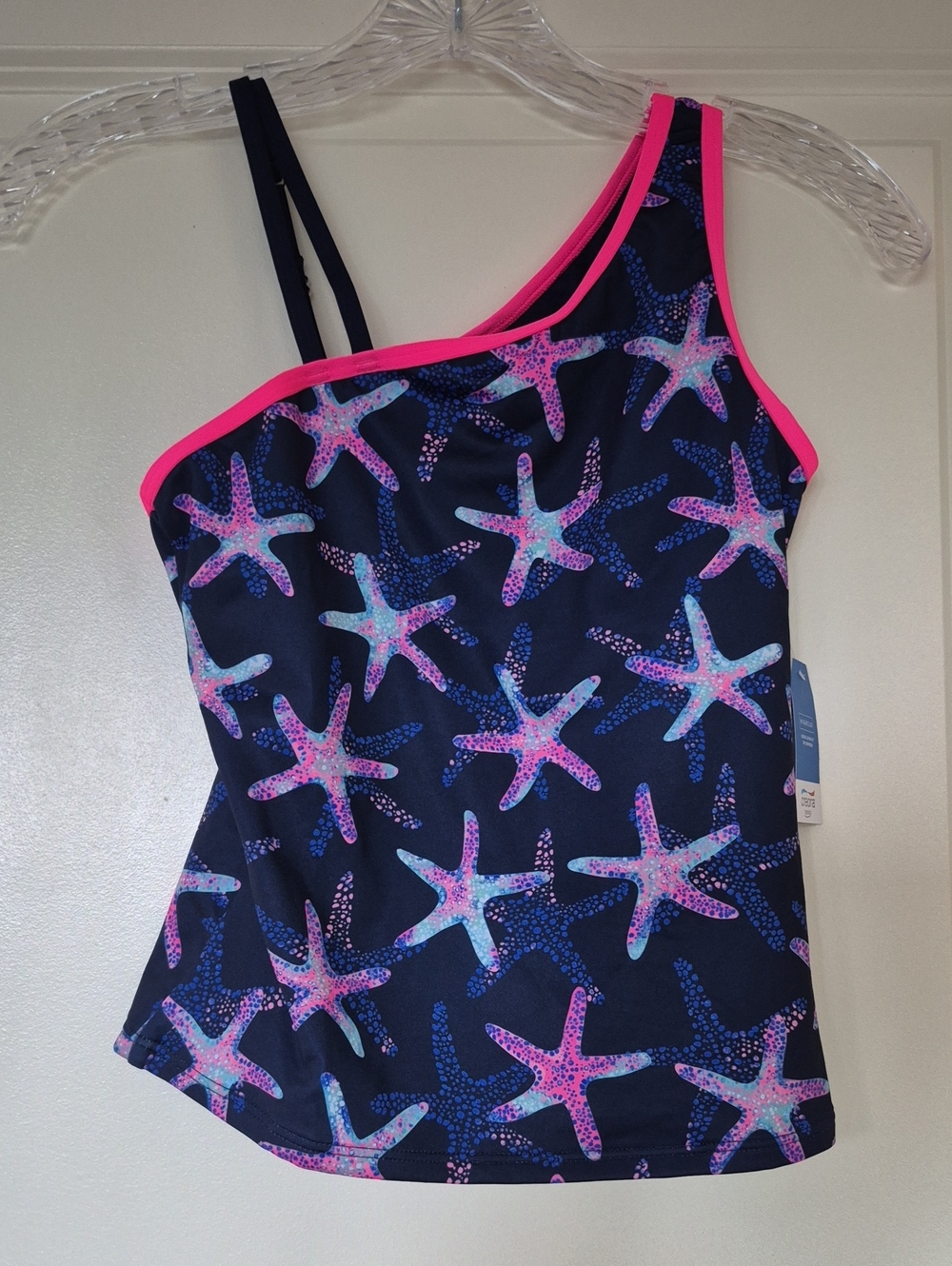NWT Lands' End Navy Starfish Tankini Top with Hot Pink Trim